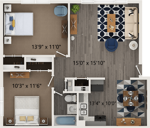 Floor plan for 2 beds, 1 bath, 883 sqft